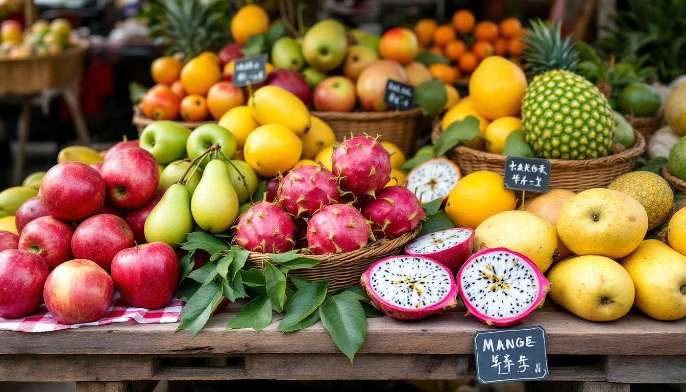 계절별 대표 대만 과일들이 진열된 시장 테이블 풍경