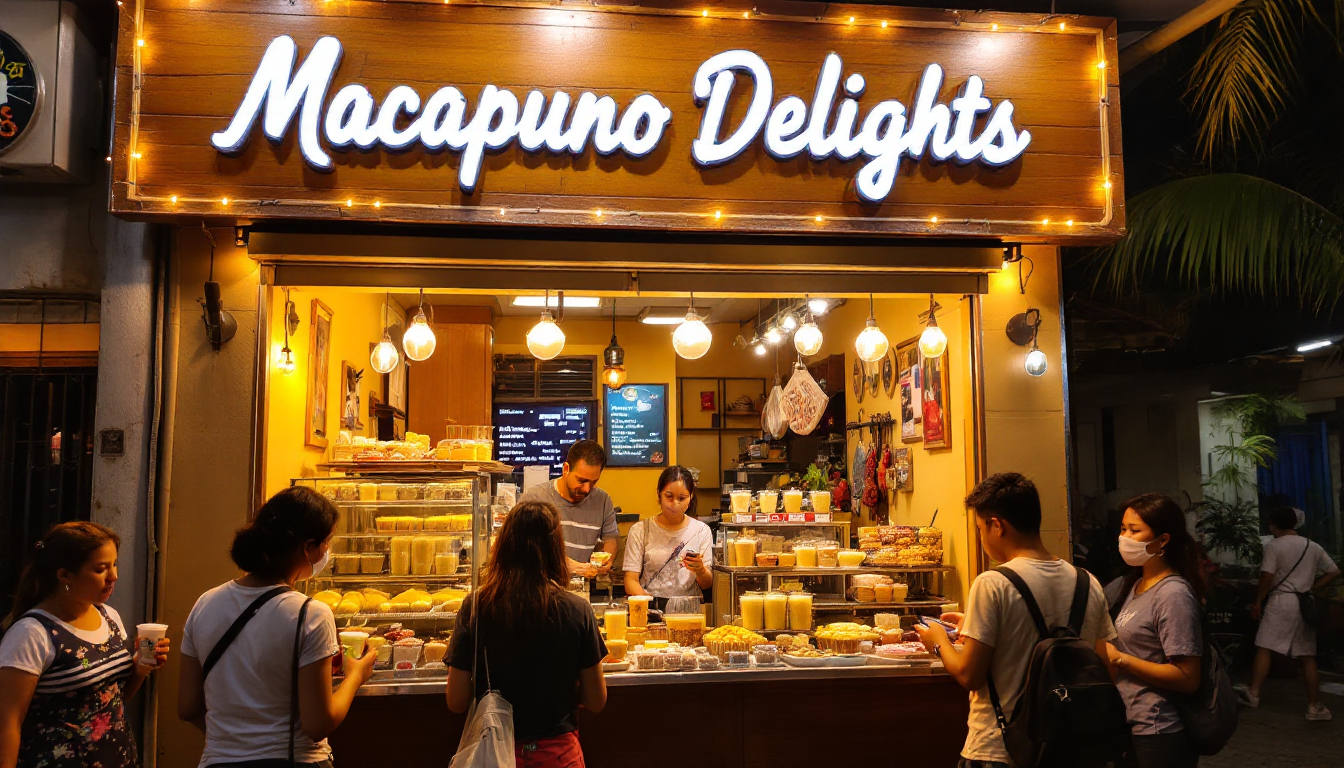 마닐라의 아늑한 필리핀 디저트 가게 외관, 창문에 진열된 인기 마카푸노 디저트와 따뜻한 조명, 가게 앞의 손님들 모습