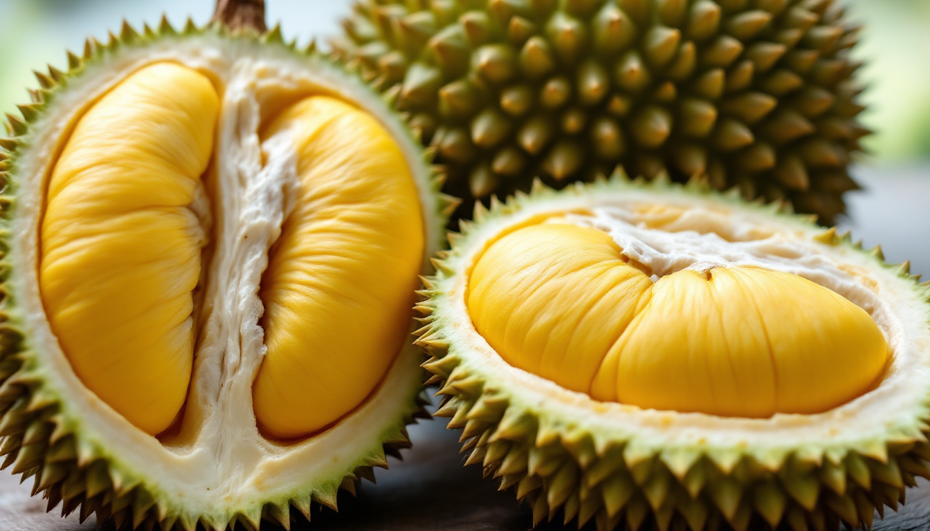 Ri6 두리안의 두껍고 뾰족한 녹색 껍질과 선명한 노란색 과육을 보여주는 이미지