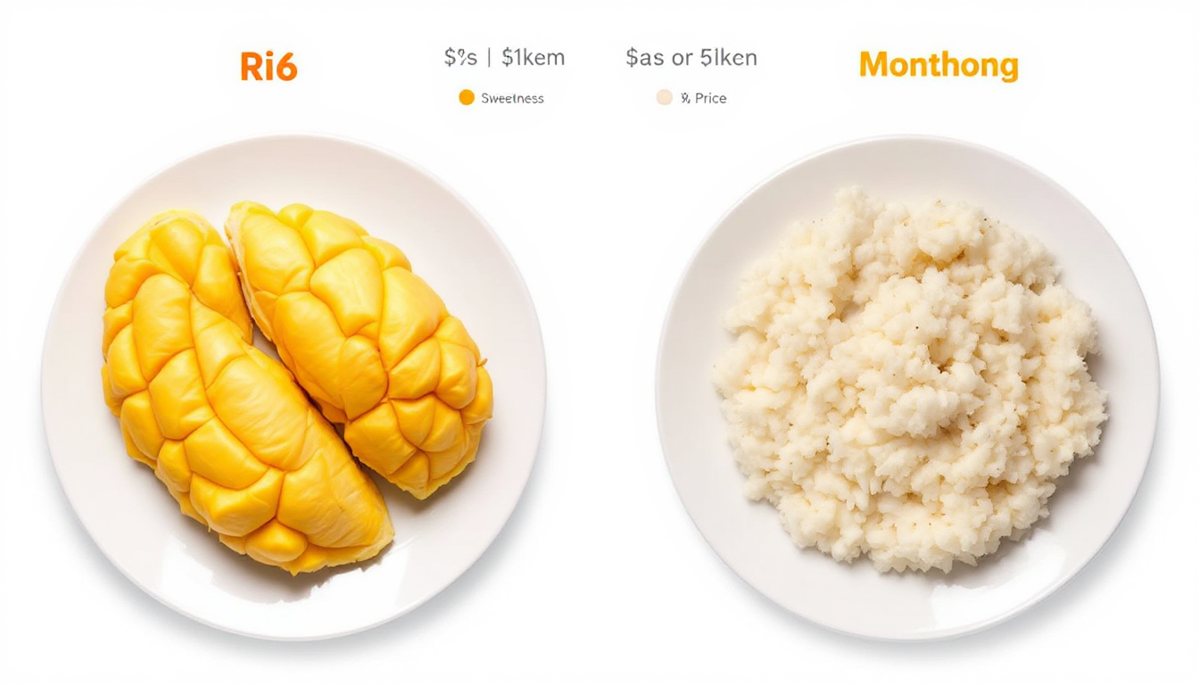 리식과 월통 두리안 과육의 색상과 질감 차이를 보여주는 비교 이미지