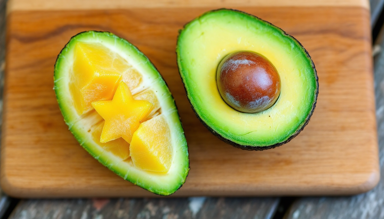 크리미한 아보카도 반쪽과 별 모양으로 자른 스타후르츠를 나란히 놓아 두 과일의 식감과 색감을 대비시킨 사진