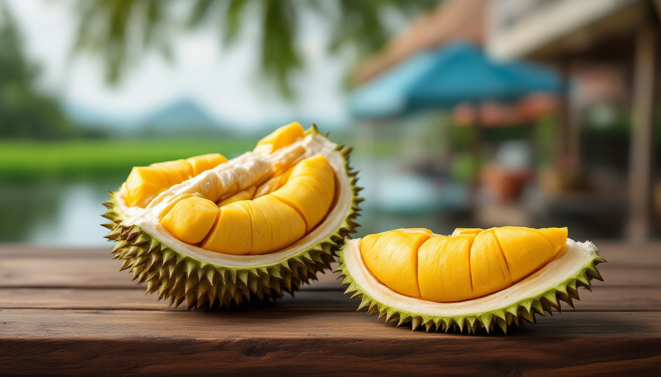 베트남 메콩 델타 배경의 리식 두리안과 잘 익은 오렌지빛 과육의 가까운 모습