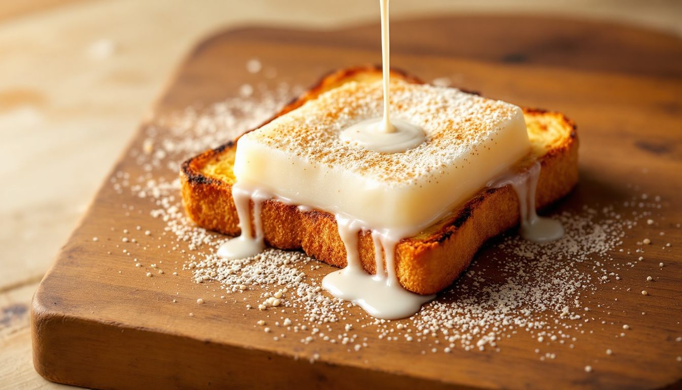 마카푸노 코코넛 젤리 토핑이 올려진 한국식 인절미 토스트, 콩가루와 연유가 함께 뿌려진 모습