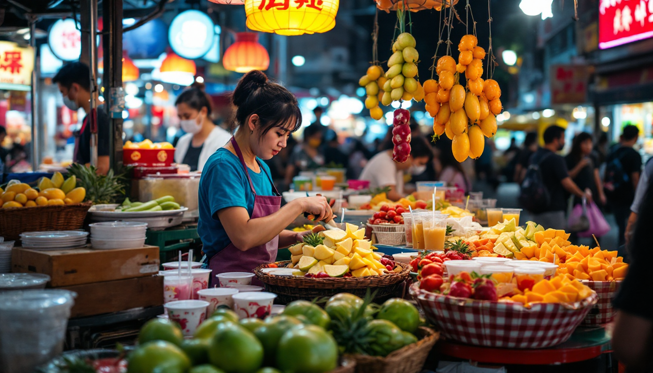 대만 야시장에서 신선한 과일을 즉석에서 잘라주는 가판대와 과일 주스, 버블티 가게 풍경