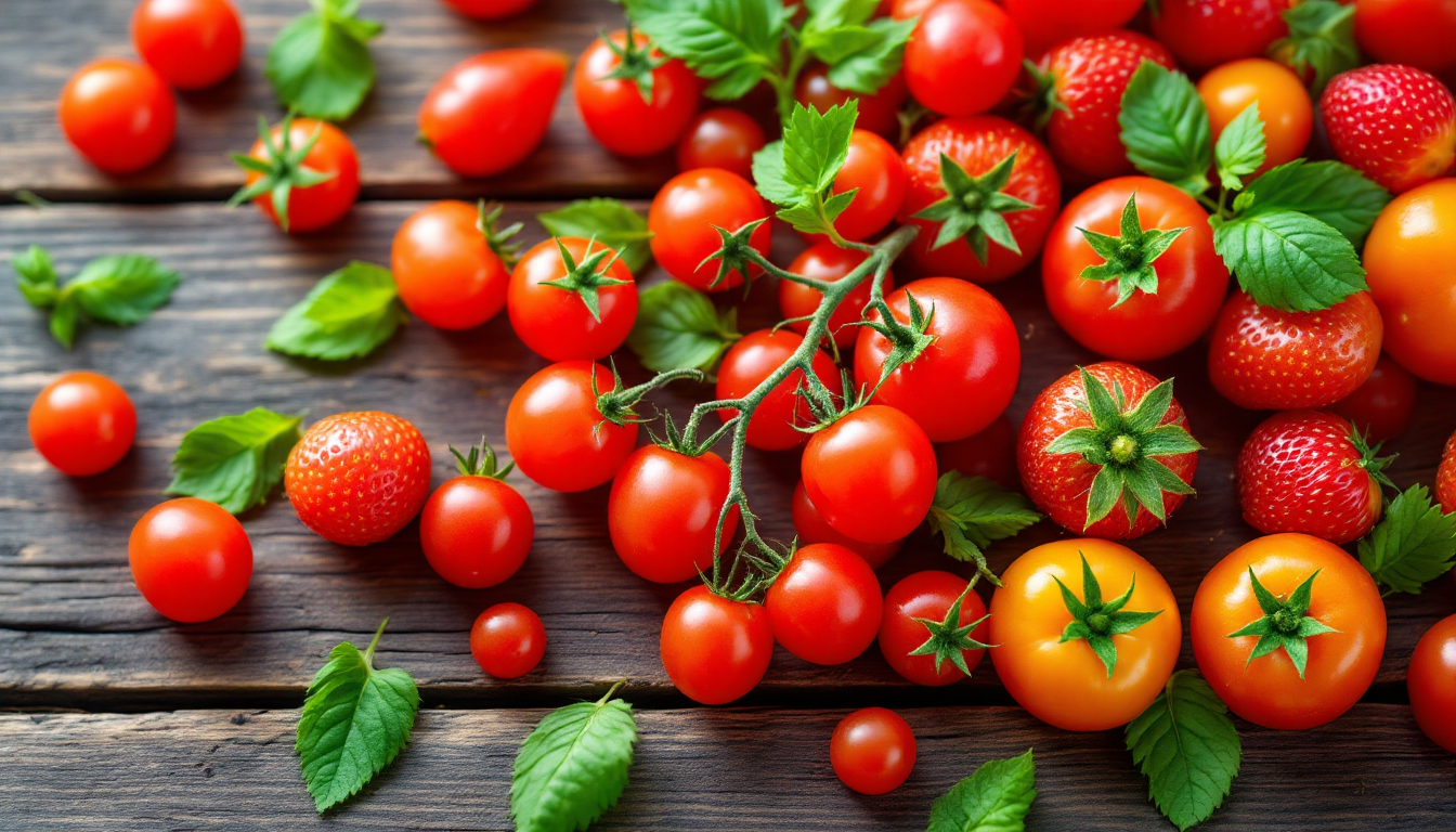 다양한 모양과 색상의 방울토마토가 나무 테이블 위에 신선한 잎사귀와 함께 놓여 있는 모습